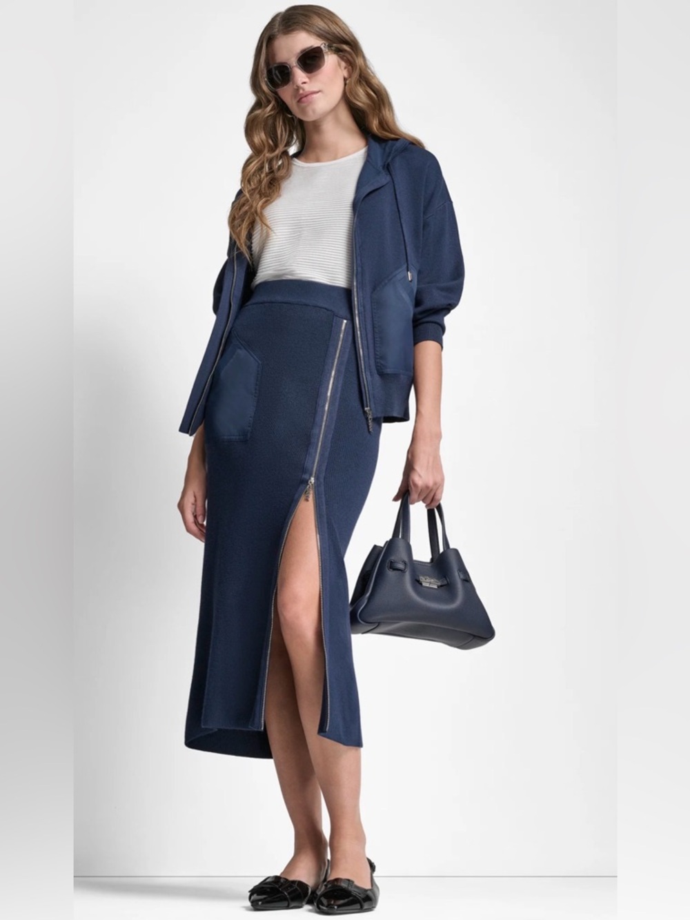 DKNYC DROP SHOULDER ZIP UP HOODIE AND ZIP DETAILED MIDI SWEATER SKIRT ENSEMBLE